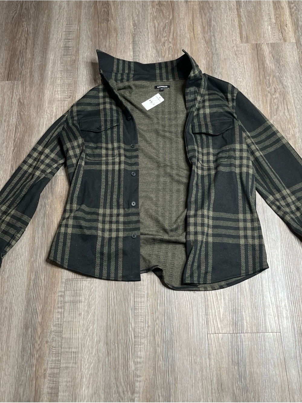 Express Olive & Black Plaid Utility Shacket